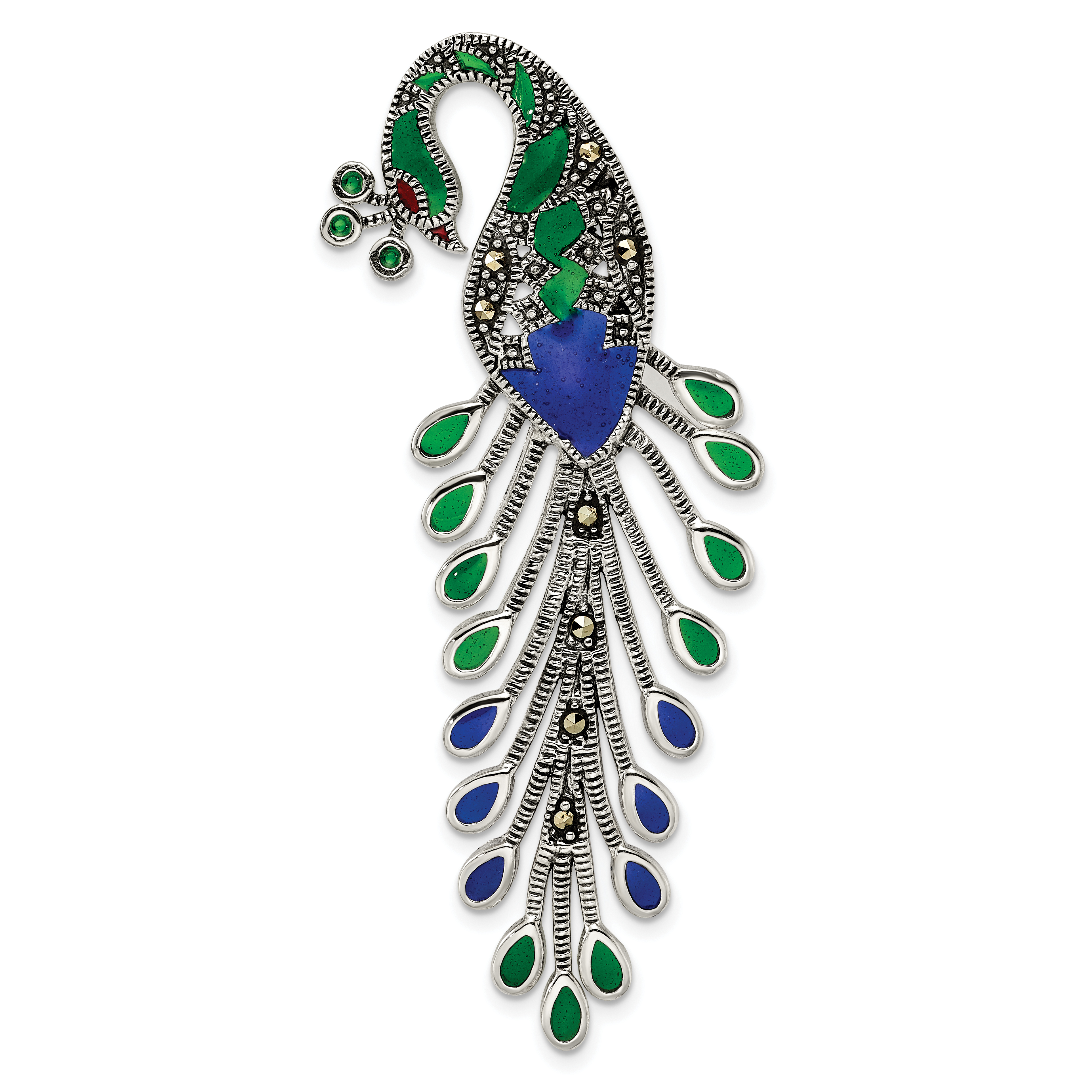 Sterling Silver Antiqued Green/Red/Blue Epoxy Marcasite Peacock Slide (QP5022)