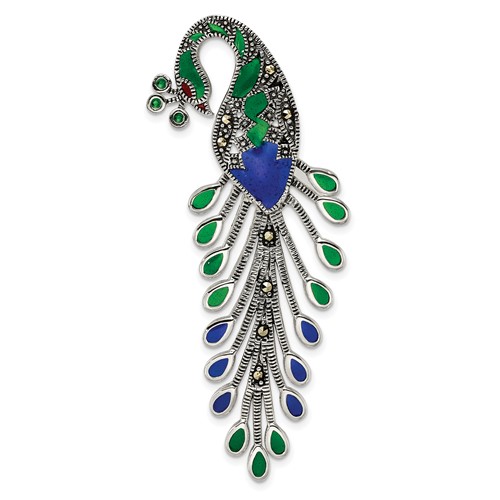 Sterling Silver Antiqued Green Red Blue Epoxy Marcasite Peacock Slide