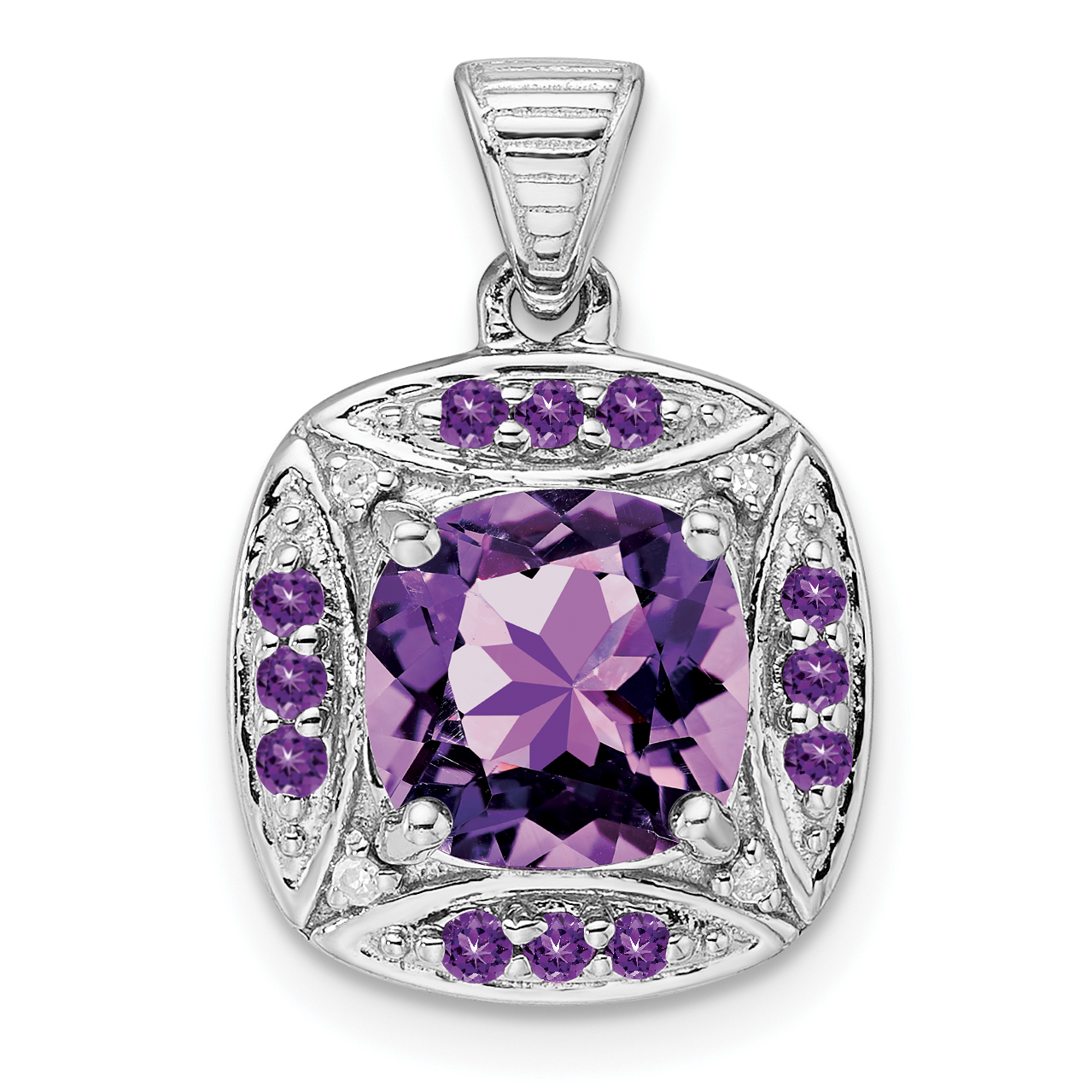 Sterling Silver Rhodium-plated Diamond and Amethyst Square Pendant (QP5024AM)