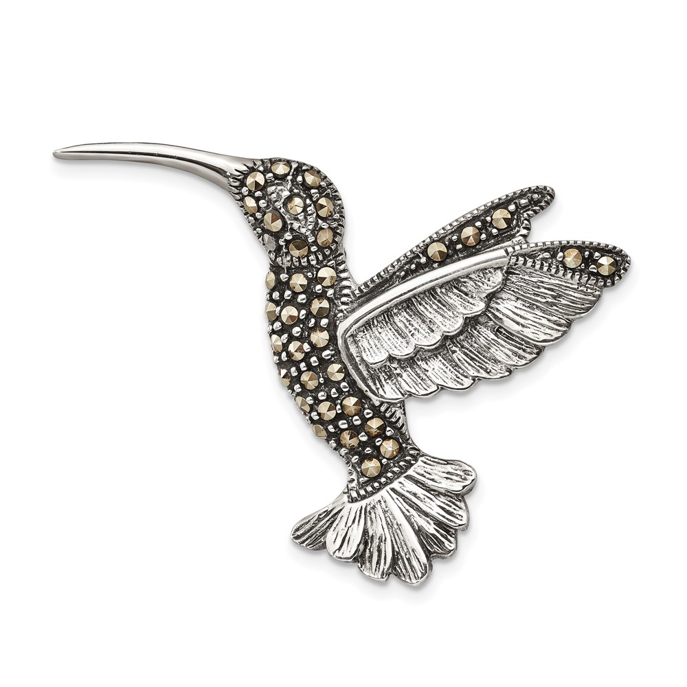 Sterling Silver Antiqued Hummingbird Marcasite Pin Brooch (QP5039)