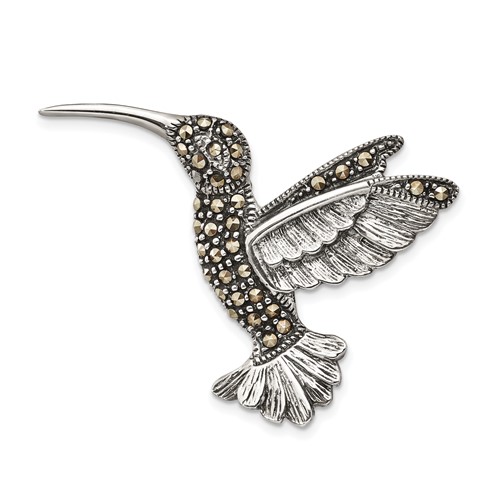 Sterling Silver Antiqued Hummingbird Marcasite Brooch Pin