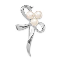 Sterling Silver Rhodium-plated 7-8mm White Button Freshwater Cultured Pearl Ribbon Bow Brooch Pin view 1