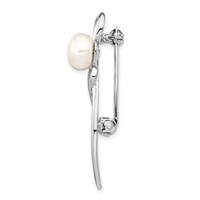 Sterling Silver Rhodium-plated 8-9mm White Button Freshwater Cultured Pearl Brooch Pin view 2