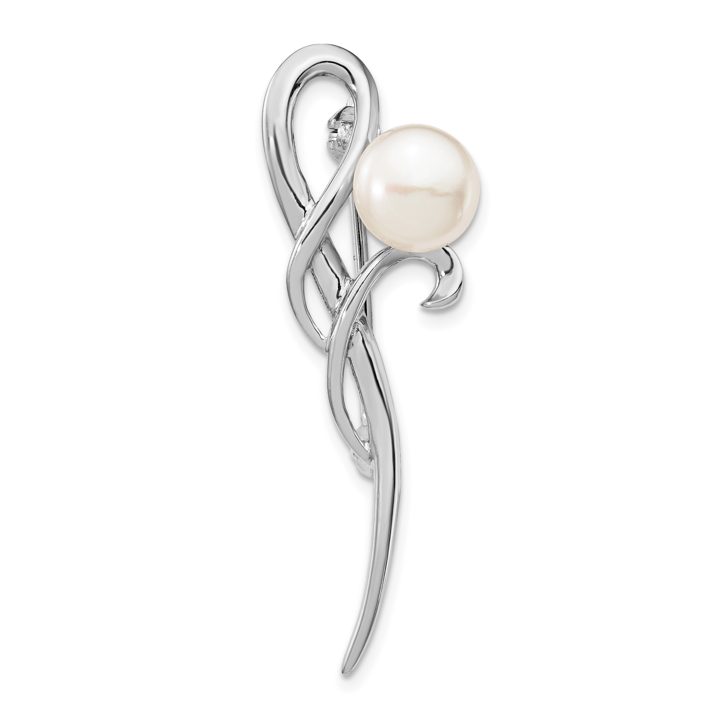 Sterling Silver Rhodium-plated 8-9mm White Button Freshwater Cultured Pearl Brooch (QP5045)