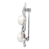 Sterling Silver Rhodium-plated 7-8mm White Button Freshwater Cultured Pearl and CZ Leaf Brooch Pin view 2
