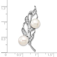 Sterling Silver Rhodium-plated 7-8mm White Button Freshwater Cultured Pearl and CZ Leaf Brooch Pin view 3