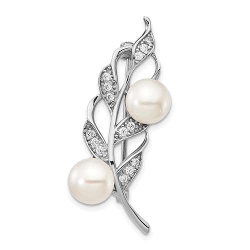 Sterling Silver Rhodium-plated 7-8mm White Button Freshwater Cultured Pearl and CZ Leaf Brooch Pin