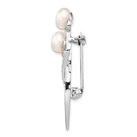 Sterling Silver Rhodium-plated 7-8mm White Button Freshwater Cultured Pearl and CZ Brooch Pin view 2