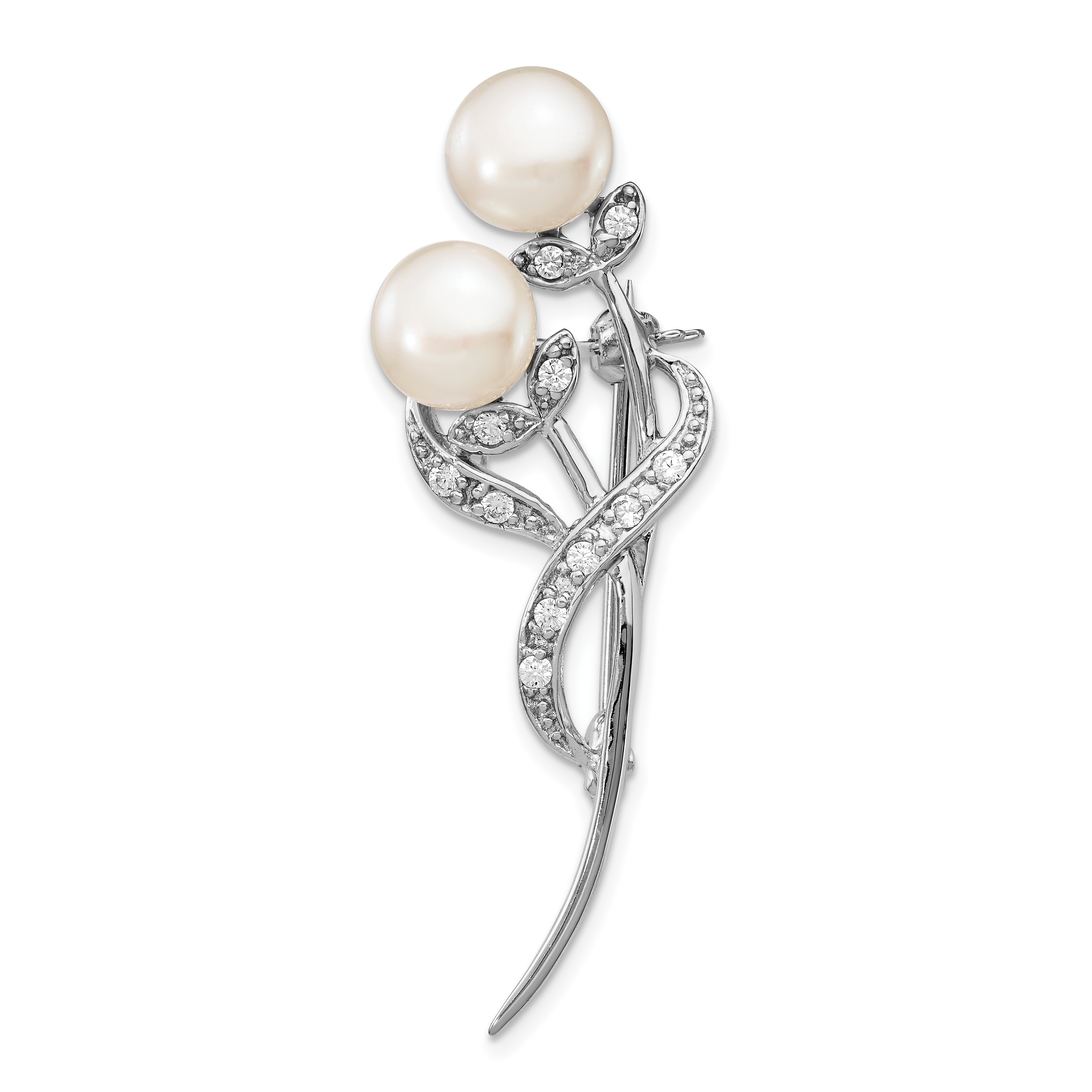 Sterling Silver Rhodium-plated 7-8mm White Button Freshwater Cultured Pearl and CZ Brooch (QP5047)
