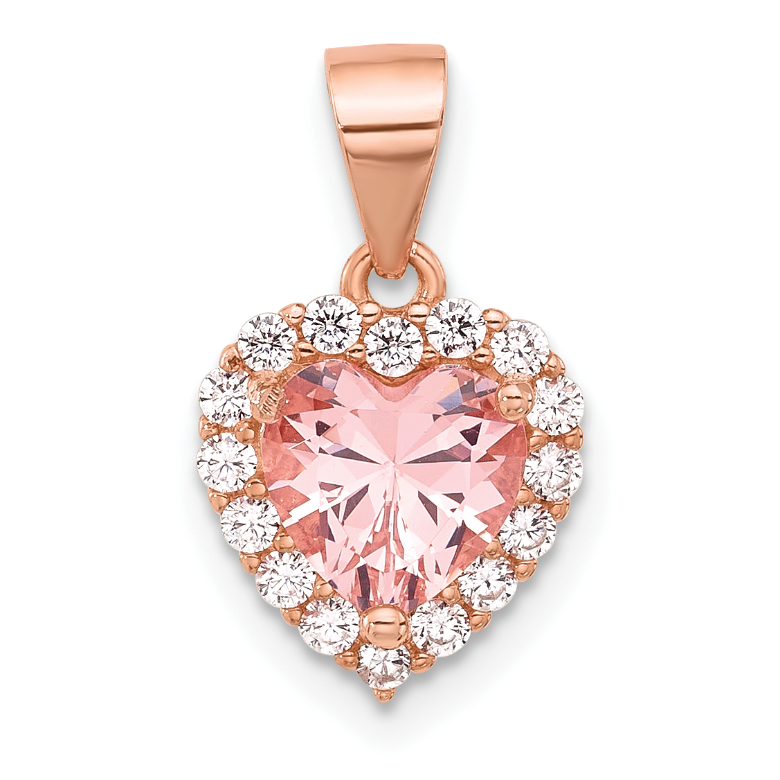 Sterling Silver Rose-plated Pink Crystal Heart and Clear CZ Pendant (QP5055)