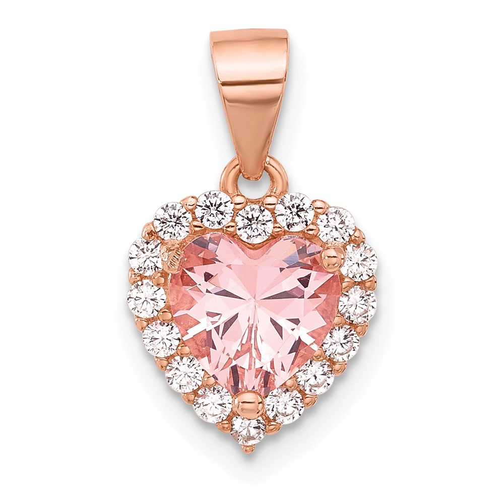 Sterling Silver Rose-plated Pink Crystal Heart and Clear CZ Pendant (QP5055)