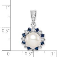 Sterling Silver RH-plated Fwc Pearl Syn. Blue Spinel Flower Pendant view 4