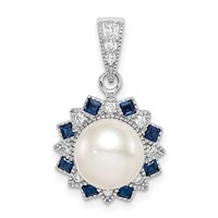 Sterling Silver RH-plated Fwc Pearl Syn. Blue Spinel Flower Pendant view 1