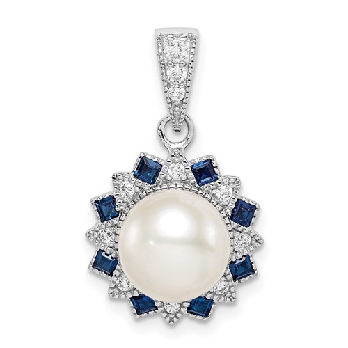 Sterling Silver RH-plated Fwc Pearl Syn. Blue Spinel Flower Pendant