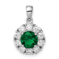 Sterling Silver Rhodium-plated Green Glass and CZ Halo Pendant view 1