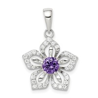 Sterling Silver Purple and Clear CZ Flower Pendant view 1