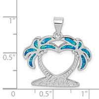 Sterling Silver Rhodium-plated Lab Created Blue Opal Double Palm Tree Heart Pendant view 4