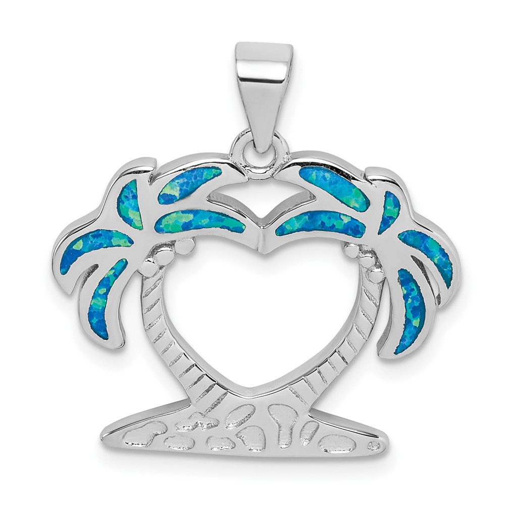 Sterling Silver Rhodium-plated Lab Created Blue Opal Double Palm Tree Heart Pendant