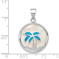 Sterling Silver Rhodium-plated Mother of Pearl and Blue Lab Created Opal Round Palm Tree Pendant view 3