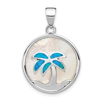 Sterling Silver Rhodium-plated Mother of Pearl and Blue Lab Created Opal Round Palm Tree Pendant view 1