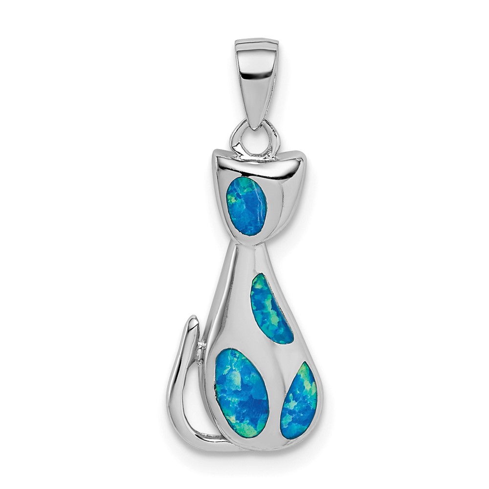 Sterling Silver Rhodium-plated Cat Pendant with Created Opal Accents