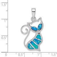 Sterling Silver Rhodium-plated Created Opal Cat Pendant view 4