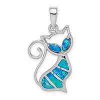 Sterling Silver Rhodium-plated Created Opal Cat Pendant view 1