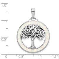 Sterling Silver Rhodium-plated Created Opal Circle Pendant with Tree view 4