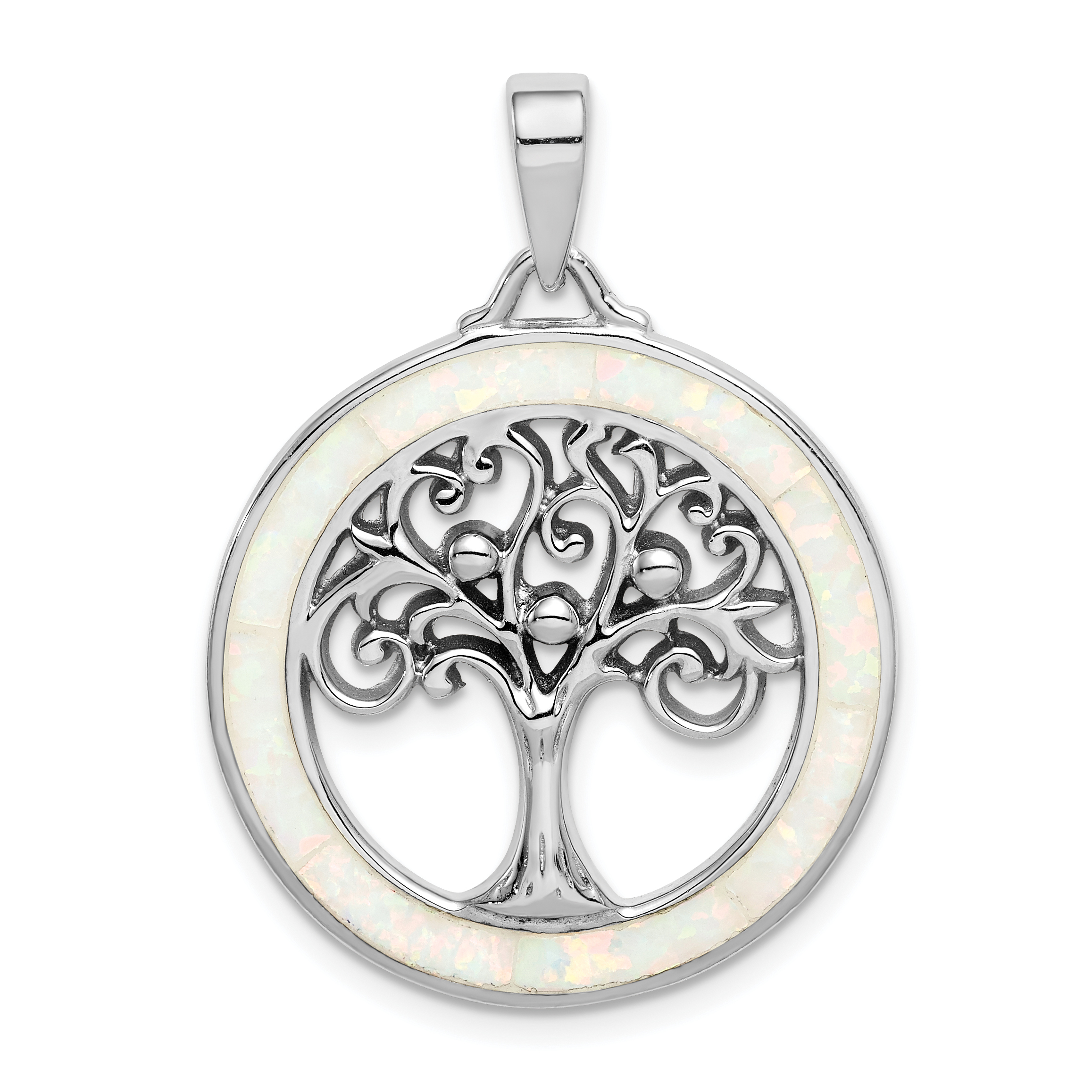 Silver Created Opal Circle w/Tree Pendant QP5131