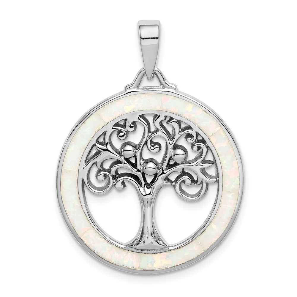 Sterling Silver Rhodium-plated Created Opal Circle Pendant with Tree