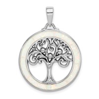Sterling Silver Rhodium-plated Created Opal Circle Pendant with Tree view 1