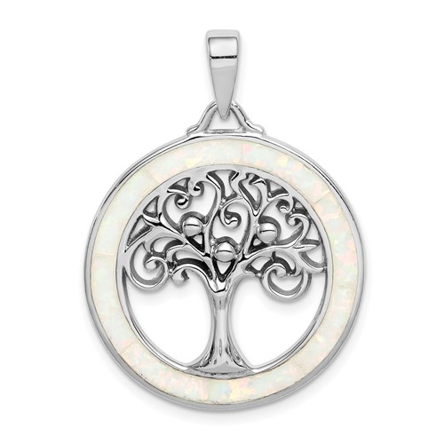 Sterling Silver Rhodium-plated Created Opal Circle Pendant with Tree