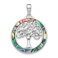 Sterling Silver Rhodium-plated Abalone Circle Pendant with Tree of Life view 1