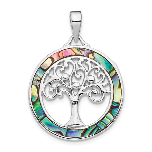 Sterling Silver Rhodium-plated Abalone Circle Pendant with Tree of Life