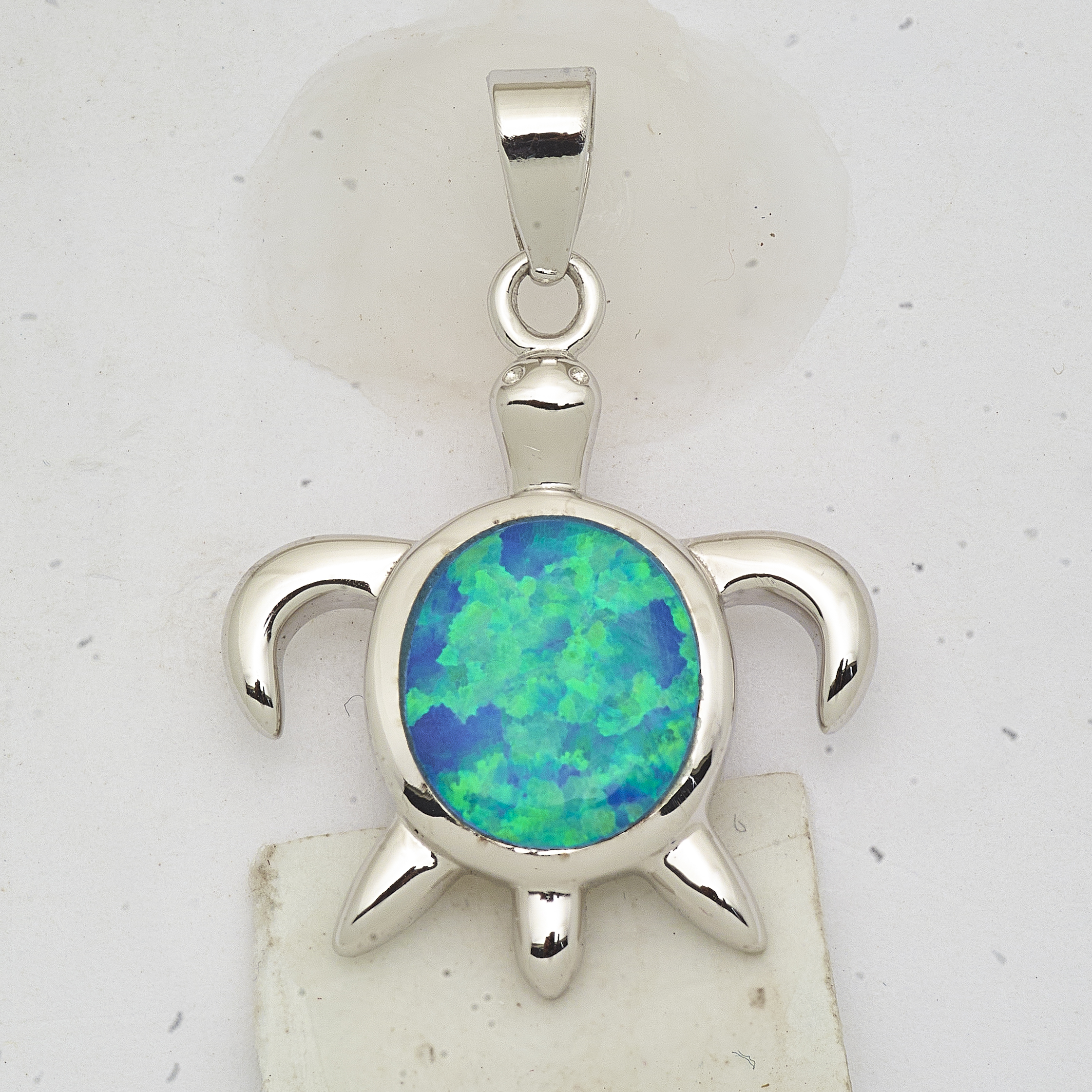 Sterling Silver Rhodium-plated Polished Created Opal Turtle Pendant (QP5136)