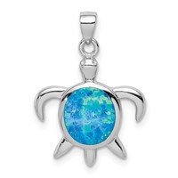 Sterling Silver Rhodium-plated Polished Created Opal Turtle Pendant view 1