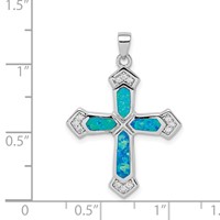 Sterling Silver Rhodium-plated Created Opal Cross CZ Pendant view 4