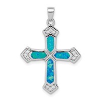 Sterling Silver Rhodium-plated Created Opal Cross CZ Pendant view 1