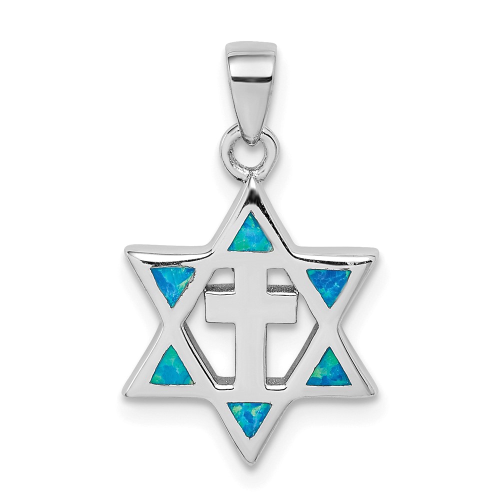 Sterling Silver Rhodium-plated Star of David Created Opal CZ Pendant