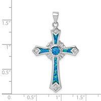 Sterling Silver Rhodium-plated Lab Created Blue Opal and Clear CZ Cross Pendant view 4