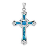Sterling Silver Rhodium-plated Lab Created Blue Opal and Clear CZ Cross Pendant view 1