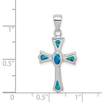 Sterling Silver Rhodium-plated Created Blue Opal Small Cross Pendant view 4