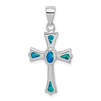 Sterling Silver Rhodium-plated Created Blue Opal Small Cross Pendant view 1
