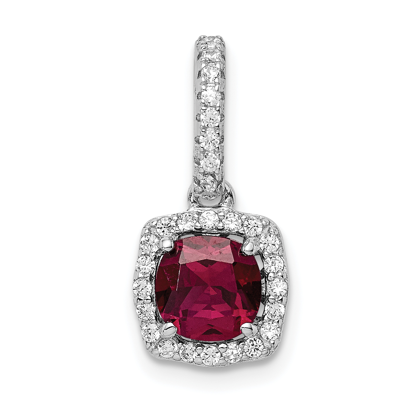 Sterling Silver Rhodium-plated Lab Created Red Corundum and White CZ Pendant (QP5180)