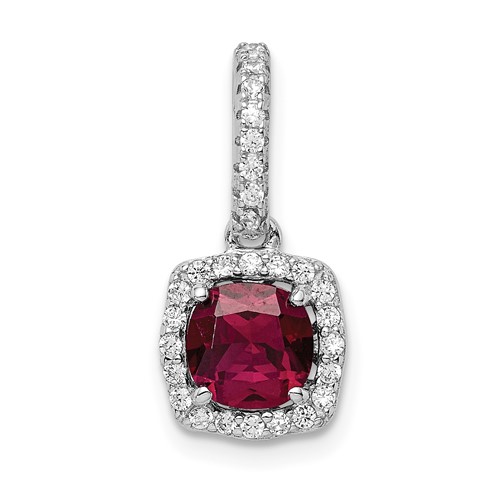 Sterling Silver Rhodium-plated Lab Created Red Corundum and White CZ Pendant