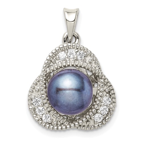 Sterling Silver Rhodium-plated 6-7mm Black Button Freshwater Cultured Pearl and White Topaz Pendant