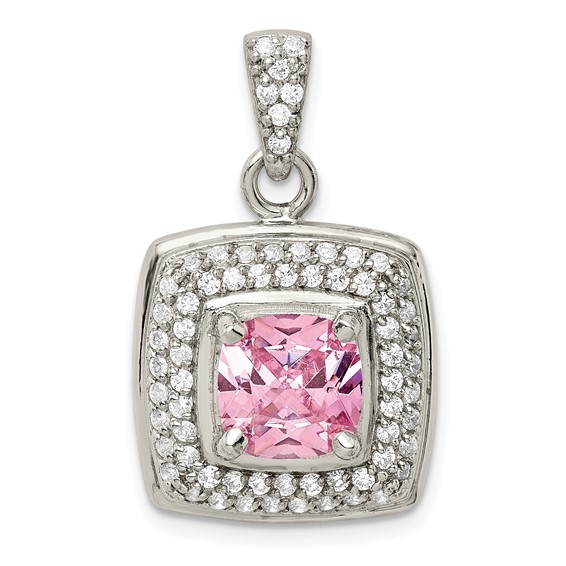 Sterling Silver Pink & White CZ Square Pendant