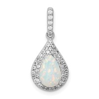 Sterling Silver Rhodium-plated White Lab Created Opal and CZ Halo Teardrop Pendant view 1