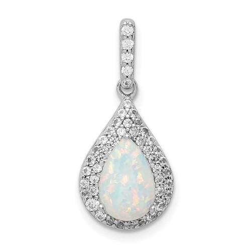 Sterling Silver Rhodium-plated White Lab Created Opal and CZ Halo Teardrop Pendant