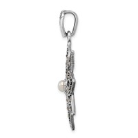 Sterling Silver Antiqued Marcasite & Imitation Pearl Flower Pendant view 2